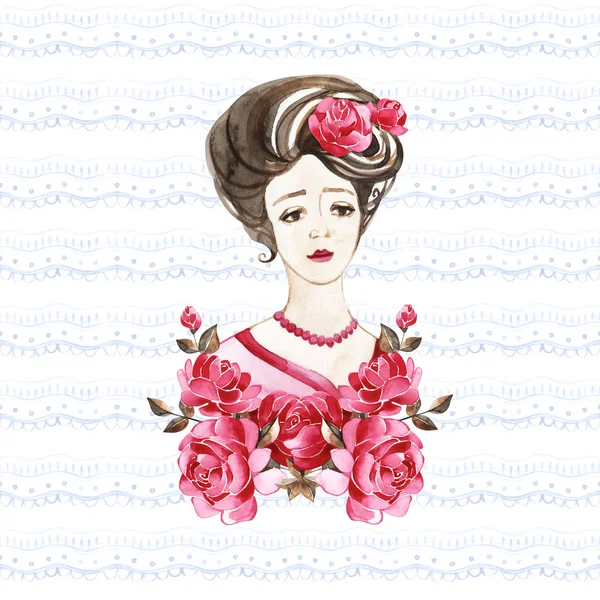 Schöne Frau mit Rosenblüten, Aquarell Mode Illustration. romantischer Hintergrund für internationale Grußkarte zum Frauentag, Druck, Einladung. — Stockfoto