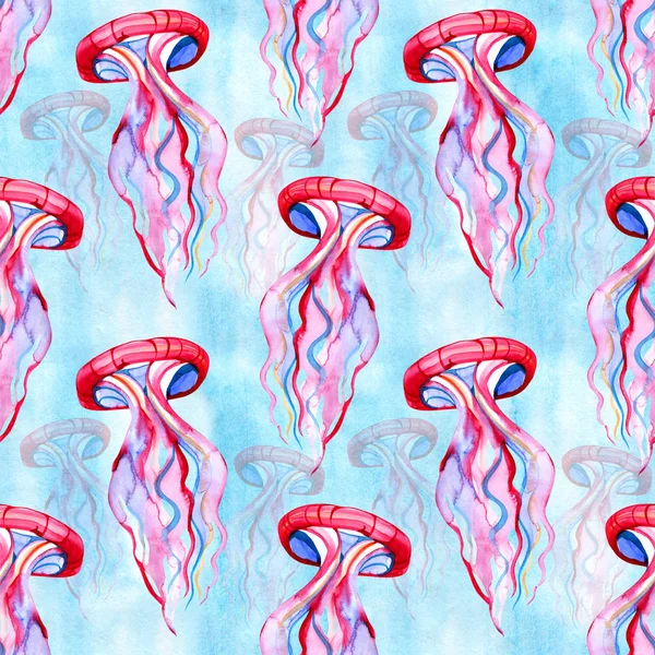 Modèle sans couture avec méduses transparentes détaillées. Gelée de mer rose et bleue sur fond bleu. illustration — Photo
