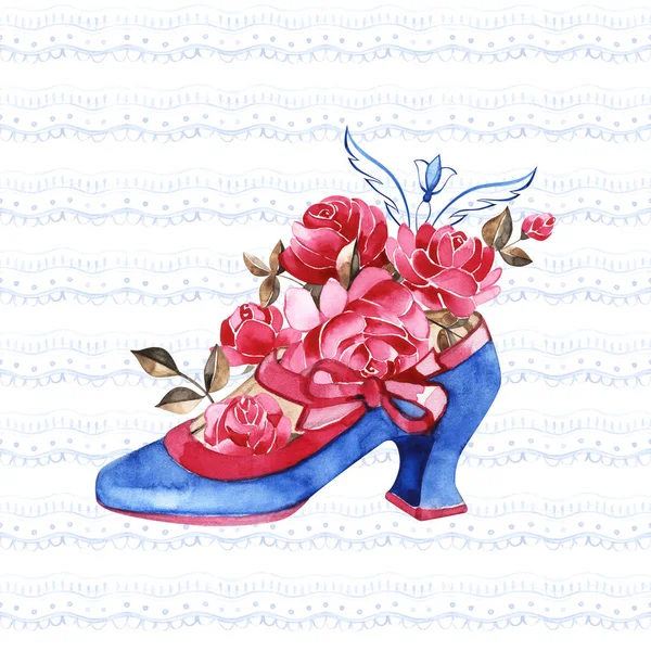 Akwarela księżniczka butów ilustracja. Niebieskie stare buty z różowymi wstążkami i róż. — Zdjęcie stockowe