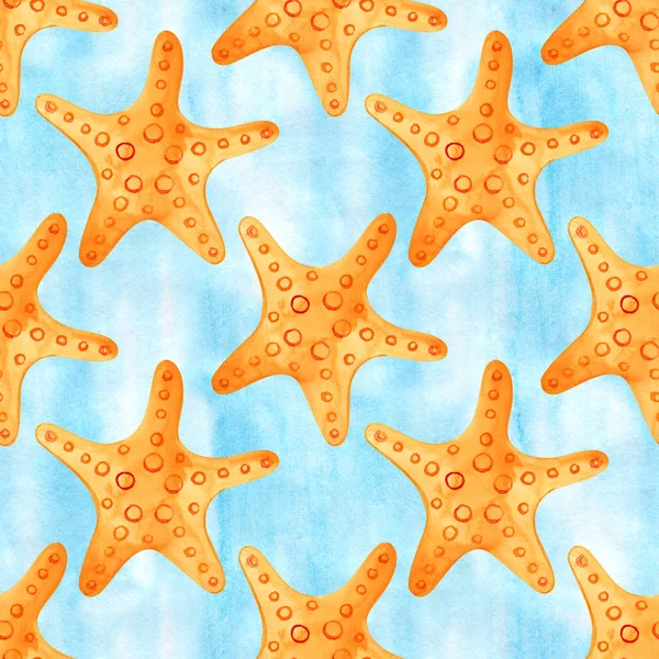 Seamless pattern with marine starfish. Watercolor background. Can be used for fabric, wallpaper, banner, pack, web page. Isolated elements for easy use. — Stock Photo, Image