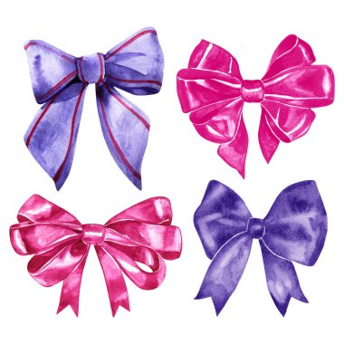 Suluboya ipek yay-knot seti. Beyaz arka plan üzerinde dekorasyon ve tasarım için dört izole renkli düğümler. Menekşe ve pembe yaylar.