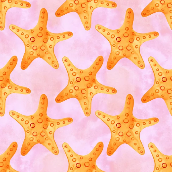 Seamless pattern with marine starfish. Watercolor background. Can be used for fabric, wallpaper, banner, pack, web page. Isolated elements for easy use. — Stock Photo, Image