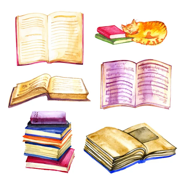 Buch und Notizen aufschlagen. Aquarell alte Bücher auf isoliertem Hintergrund — Stockfoto