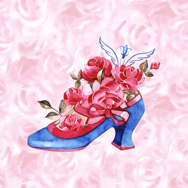 Akwarela księżniczka butów ilustracja. Niebieskie stare buty z różowymi wstążkami i róż. — Zdjęcie stockowe
