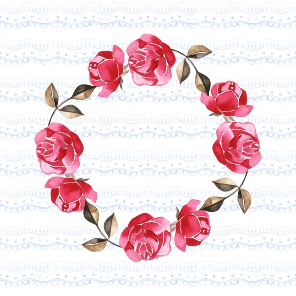 Grinalda aquarela com rosas. Quadro redondo floral pintado à mão isolado no fundo branco . — Fotografia de Stock