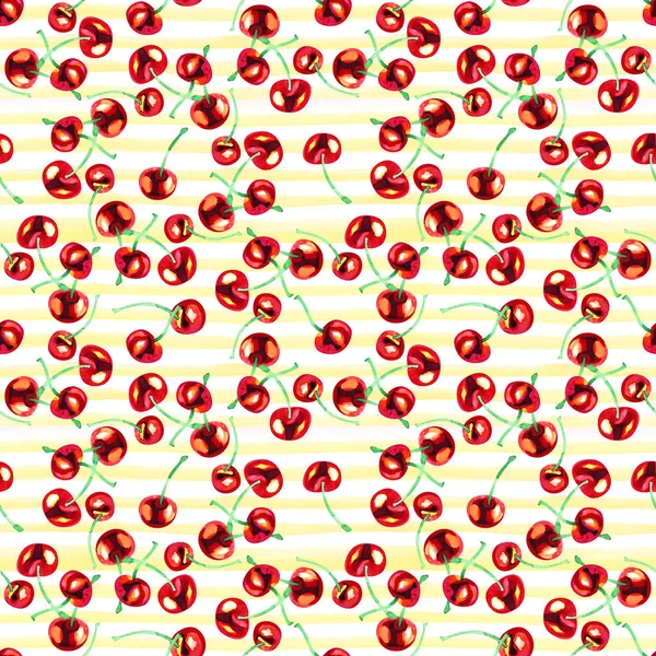 Kırmızı kiraz meyvesi ile arka plan. Suluboya yaz dikişsiz desen