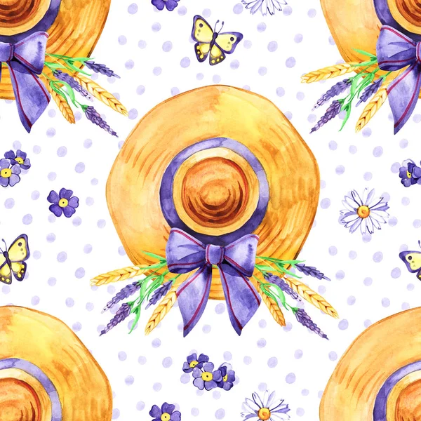 Watercolor seamless summer pattern on white background. Vintage background with rustic straw hat