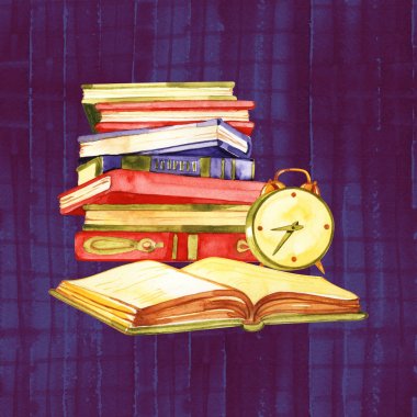 Okula geri dön. Çizim el yapımı. Baskı için kartpostal. Suluboya illüstrasyon.