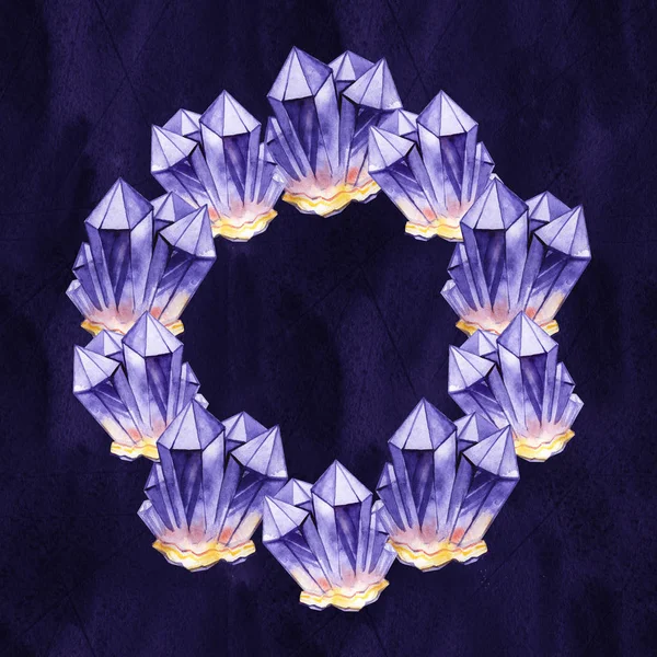 Bulat ungu kristal karangan bunga. Ilustrasi warna air . — Stok Foto