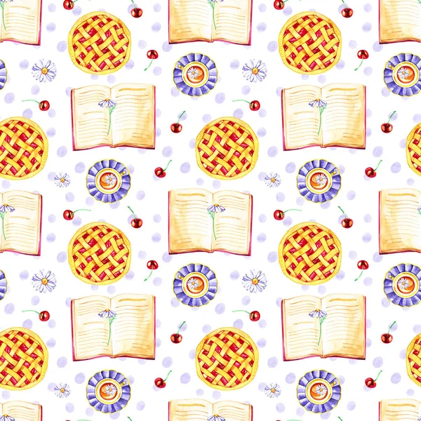 향기로운 체리 파이와 베리가 있는 매끄러운 패턴. 수채화 일러스트레이션. — 스톡 사진