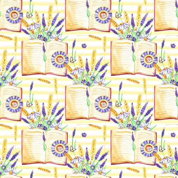 수채화 배경입니다. 매끄러운 패턴. 꽃 팬지, 라벤더, 식물및 책. 흰색 배경. — 스톡 사진