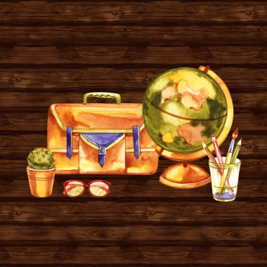 Okula geri dön. Çizim el yapımı. Baskı için kartpostal. Suluboya illüstrasyon.