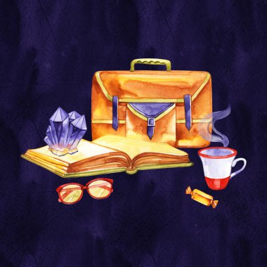 Suluboya harika kartı. Öğrenmeyi seviyorum. Okul konu illüstrasyon