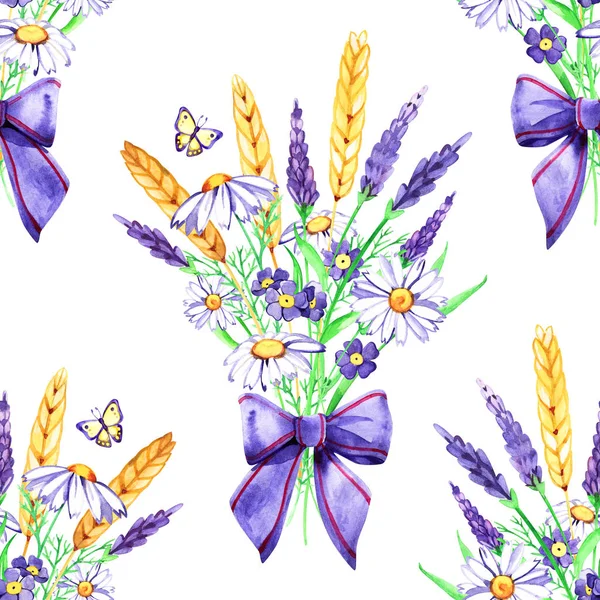 Watercolor floral seamless pattern with daisies, wildflowers, summer print — Stock Photo, Image