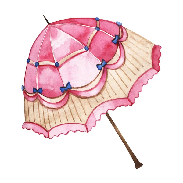 Rosa Vintage-Regenschirm mit Schleifen. Aquarell-Illustration isoliert auf Weiß. — Stockfoto