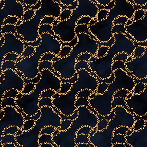 Golden chain glamour seamless pattern illustration. Watercolor hand drawn fashion texture with different golden chains on black background. Watercolour print for textile, fabric, wallpaper, wrapping