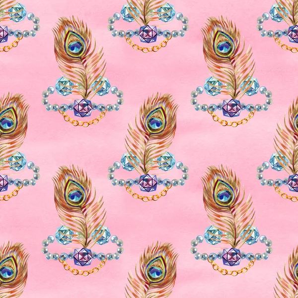 금 공작 깃털이있는 원활한 수채화 패턴 — 스톡 사진