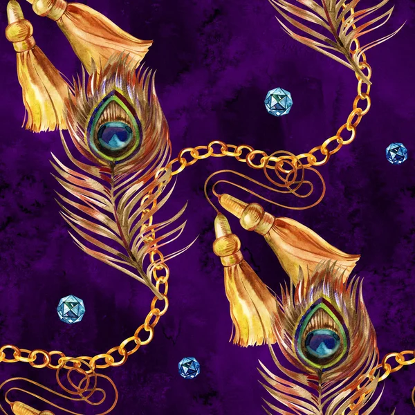 Aquarelle motif sans couture de chaînes de bijoux et pierres précieuses multicolores . — Photo