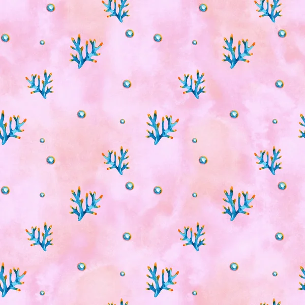 Seamless pattern with marine plants, leaves and seaweed. Hand drawn marine flora in watercolor style.