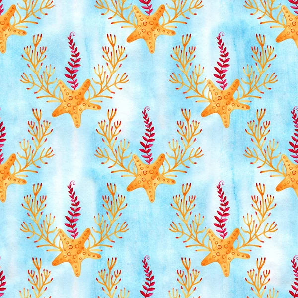 Seamless pattern with marine starfish. Watercolor background. Can be used for fabric, wallpaper, banner, pack, web page. Isolated elements for easy use.