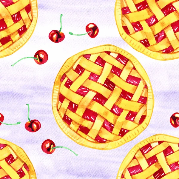 Бесшовный узор с ароматным вишневым пирогом и ягодами. Акварель . — стоковое фото