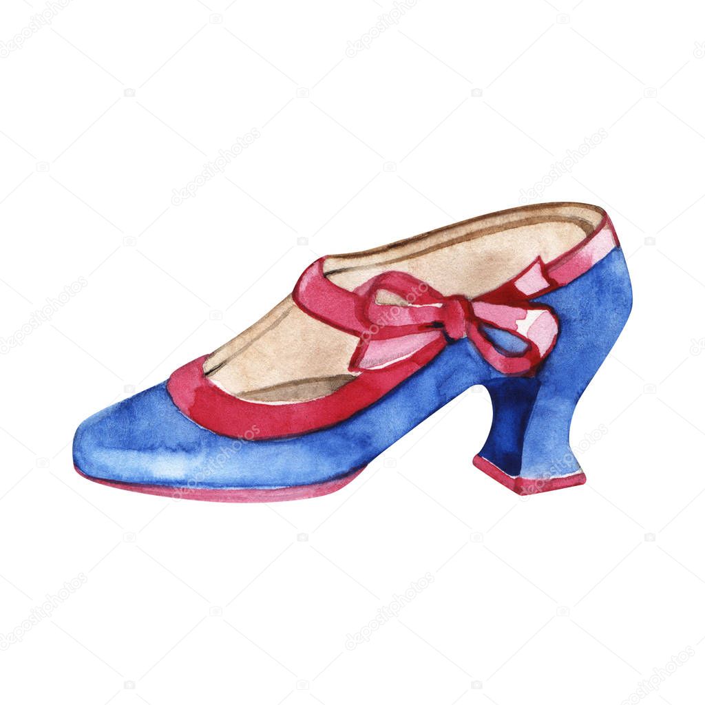 Watercolor sketch. Vintage blue shoes on a white background