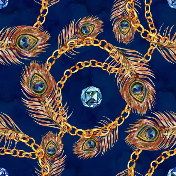 Sulu Boya Dikişsiz desen takı zincir ve çok renkli gemstones. — Stok fotoğraf