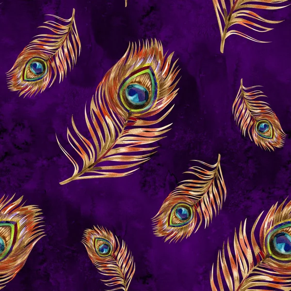 Seamless watercolor pattern with gold peacock feathers — Stock Photo, Image