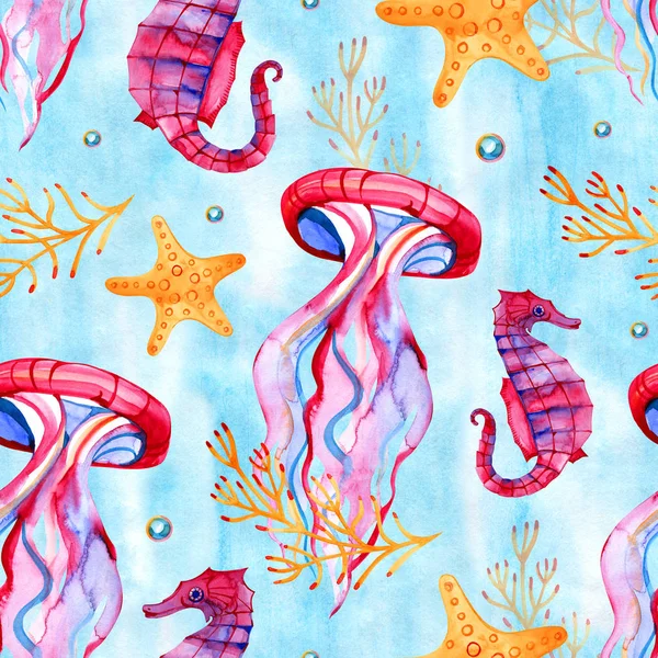 Seamless tropical pattern. Watercolor illustration with hand drawn aquarium exotic fish on white background. Blue set. — Stock Photo, Image