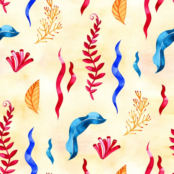 Seamless pattern with marine plants, leaves and seaweed. Hand drawn marine flora in watercolor style.