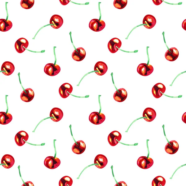 Kırmızı kiraz meyvesi ile arka plan. Suluboya yaz dikişsiz desen — Stok fotoğraf