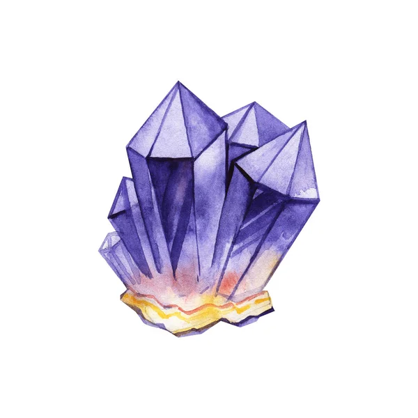Akvarell illustration av diamantkristaller. Ametist på en vit bakgrund. — Stockfoto