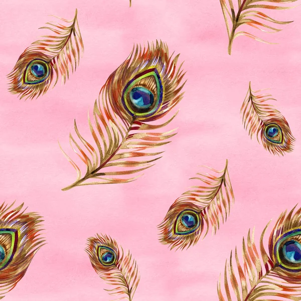 Seamless watercolor pattern with gold peacock feathers — Stock Photo, Image