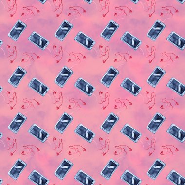 Mobil Cihazlar, Akıllı Telefon, Dikişsiz Desen, Vintage Suluboya Arka Plan