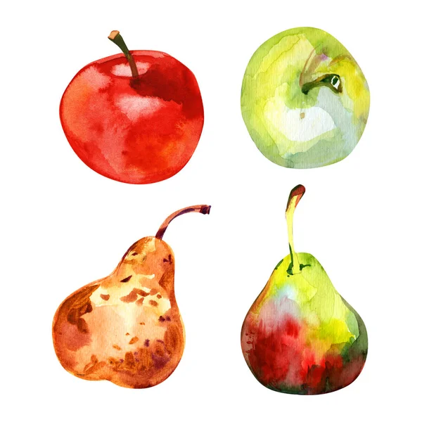 Aquarel set van vruchten. Appels- en perenbomen. — Stockfoto