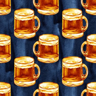 bira suluboya kupaları ile dikişsiz desen, alkollü içecekler süs, oktoberfest arka plan, el çizilmiş illüstrasyon. Aziz Patrick günü