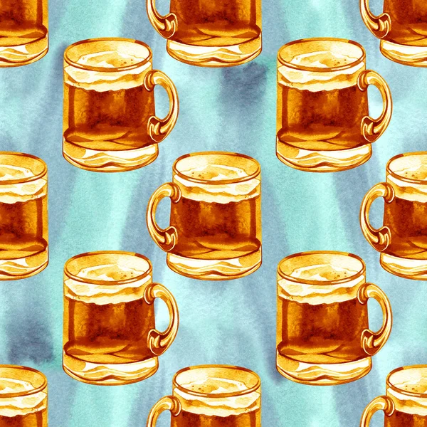 Seamless pattern with watercolor beer. Alcohol drinks ornament. Oktoberfest, St. Patricks day template