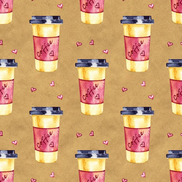 Watercolor seamless pattern. Coffee hand painted illustration. Perfect for apparel, fabric, textile.