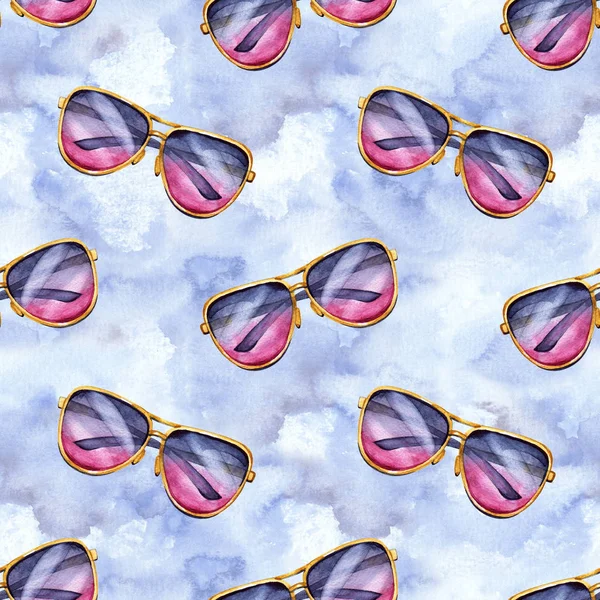 Aquarel naadloze patroon met hipster zonnebril. — Stockfoto