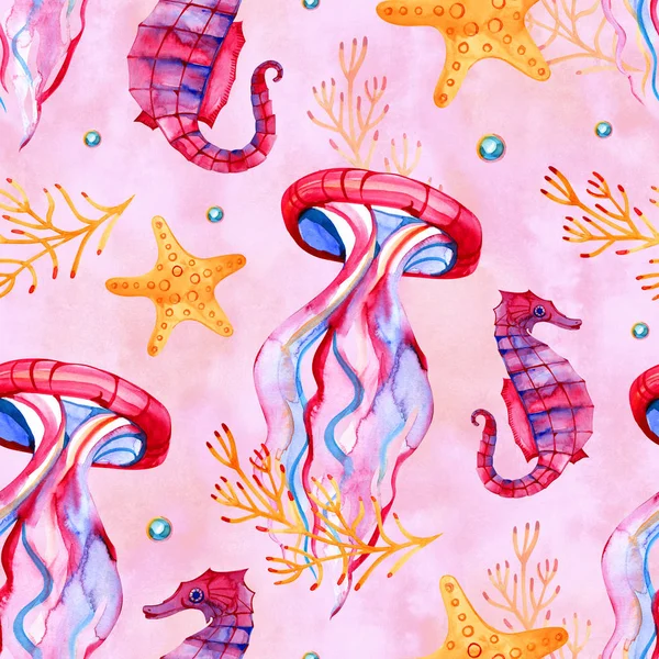 High quality watercolor seamless pattern with underwater life objects. It can be used for wallpaper, background, print, textile design, wrapping paper, cover. — Stock Photo, Image