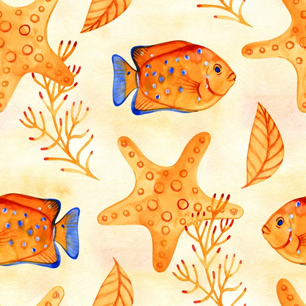 Varratmentes trópusi mintázat. Akvarell illusztráció kézzel rajzolt akvárium egzotikus hal, fehér alapon. Kék halmaza. — Stock Fotó