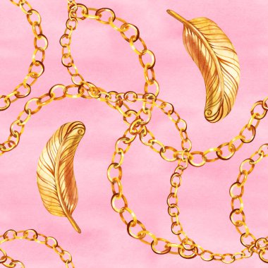 Altın zincir glamour Dikişsiz desen illüstrasyon. Siyah arka plan üzerine farklı altın zincirlerle suluboya elle çizilmiş moda doku. Suluboya baskı Tekstil, kumaş, duvar kağıdı, ambalaj için