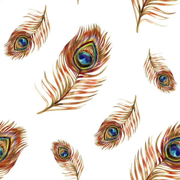 Seamless watercolor pattern with gold peacock feathers — Stock Photo, Image