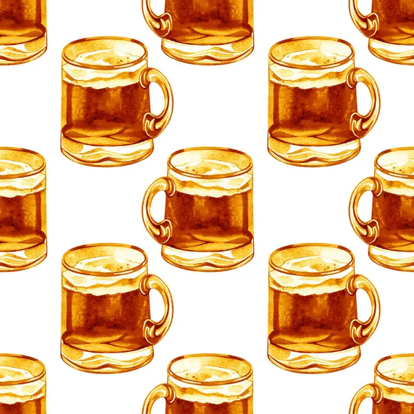 Seamless pattern with watercolor mugs of beer, alcohol drinks ornament, oktoberfest background, hand drawn illustration. St. Patricks day — Stock Photo, Image