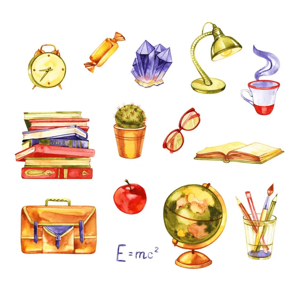 Комплект с глобусом, яблоком, канцелярскими принадлежностями, школьной сумкой и книгой на белом фоне. Рисунок акварелью — стоковое фото