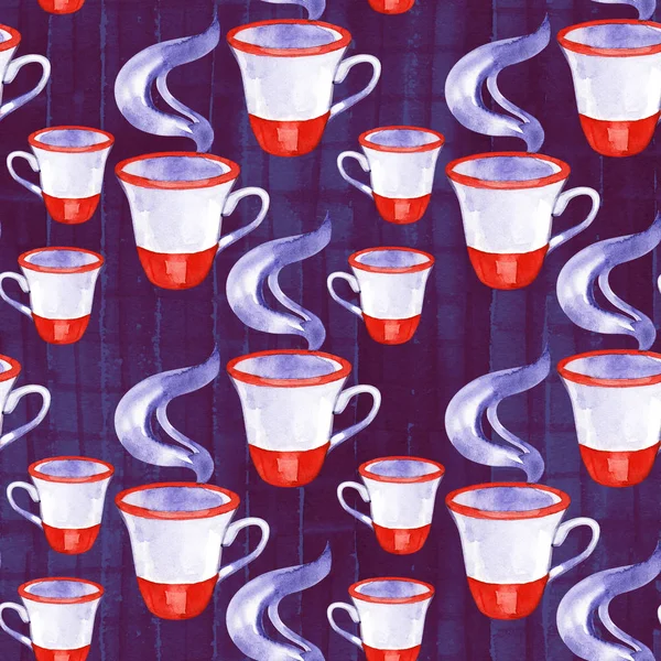 Watercolor seamless pattern of color cups with tea. — Stock Photo, Image