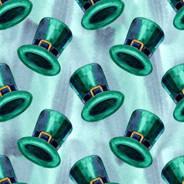 Fondo sin costuras con los símbolos del Día de San Patricio. Ilustración dibujada a mano en acuarela con sombreros de duende. Patrón de vacaciones . — Foto de Stock