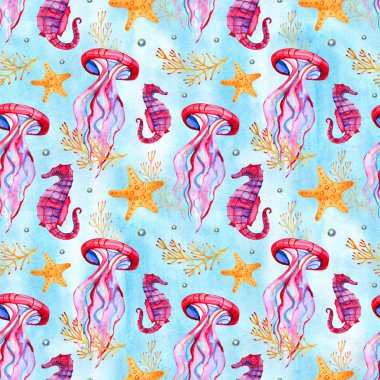 Detaylı şeffaf denizanası ile dikişsiz desen. Mavi arka planda pembe ve mavi deniz jölesi. Illüstrasyon