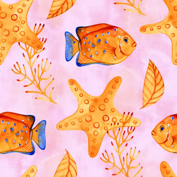 Sömlös tropiskt mönster. Akvarell illustration med handritat akvarium exotisk fisk på vit bakgrund. Blått set. — Stockfoto
