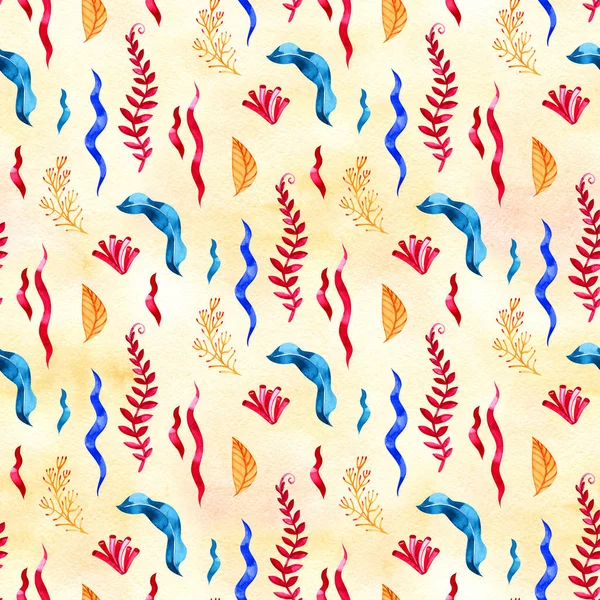 Seamless pattern with marine plants, leaves and seaweed. Hand drawn marine flora in watercolor style.